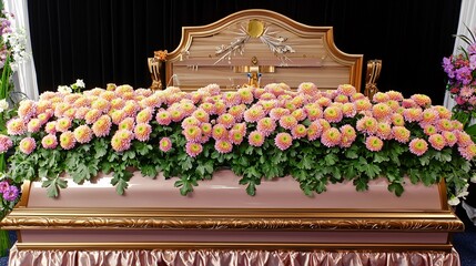 funeral procession with Chrysanthemums placed on a casket, symbolizing respect and honoring the departed. Chrysanthemum 