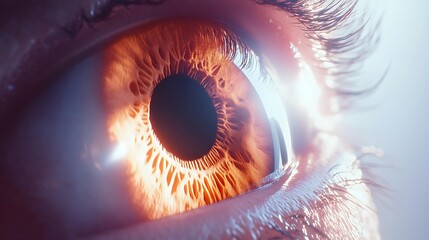 Close-up of a human eye with amber iris, showing intricate details and light reflection.