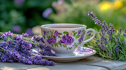 Tea in floral cup near lavender blossoms, out-of-focus green background.