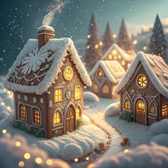 A village of decorated gingerbread houses covered in snow drifts with falling snow and glowing golden lights on a blurred blue background
