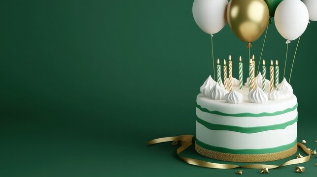 3D green and white birthday cake with candles, and balloons on a green color banner with a copy space area 
