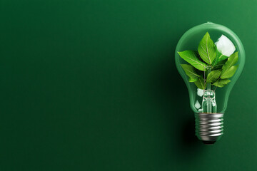 light bulb filled with green leaves symbolizes eco friendly energy and sustainability. This represents concept of ecology and environmental awareness