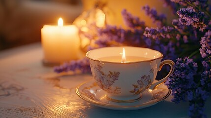 Fototapeta premium Teacup candle, lavender, cozy home interior, soft lighting.
