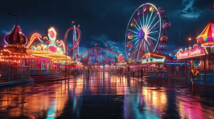 colorful carnival scene featuring Ferris wheel, roller coaster, and vibrant lights reflecting on wet pavement. atmosphere is lively and enchanting, perfect for night out