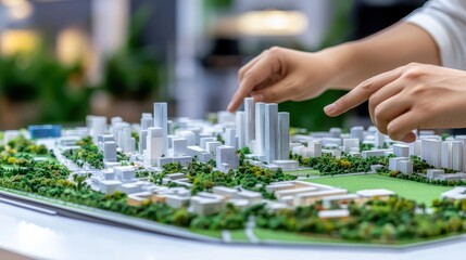 Fototapeta premium Architect hands pointing to detailed city model, showcasing urban planning and design. miniature city features buildings, greenery, and roads, illustrating modern landscape