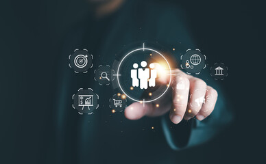 Business person point on business target with big data analytic for online marketing campaign that can increase sale revenue, reach to online marketplace customer. SEO concept.