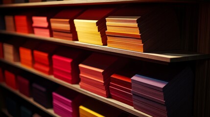 Fototapeta premium A vibrant display of stacked colored paper sheets on wooden shelves.