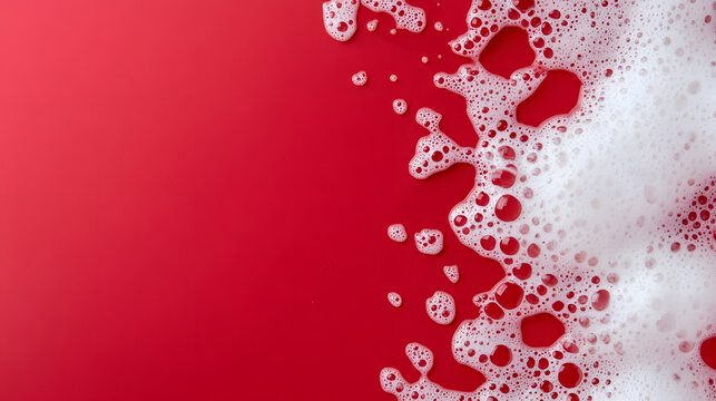 White foam cream texture, soap bubble or cosmetic gel clean foam isolated on red background with copy space