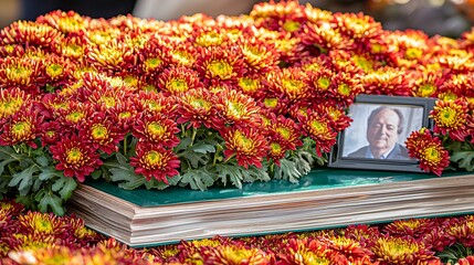 home memorial with a photo of the departed surrounded by vibrant Chrysanthemum flowers, offering comfort and warmth to loved ones. Chrysanthemum 