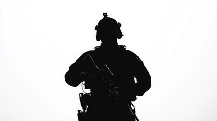 Fototapeta premium black silhouette of an navy seal military soldier, white background, 16:9