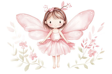 A cute fairy with pink wings and a dress, surrounded by flowers and leaves.