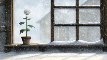 peaceful winter scene with a Chrysanthemum plant on a windowsill, with snow gently falling outside, evoking tranquility and remembrance. Chrysanthemum 
