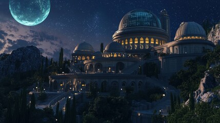 Obraz premium Atlantean Observatory: Scholars of the Stars at Dusk