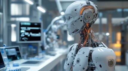 Advanced humanoid robot in a futuristic laboratory setting.
