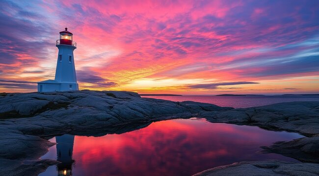 Colorful sunset at the lighthouse at Cape Graham, pib brun on the left side of the rocks with the water pool and sky reflected above, beautiful colorful clouds in the background, bright colors