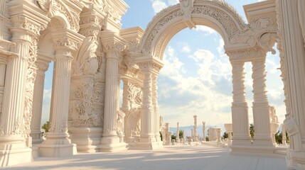 Obraz premium Architectural Wonder: Atlantean Archway Welcoming Community in Bustling Plaza - Photorealistic Ultra-Detailed View