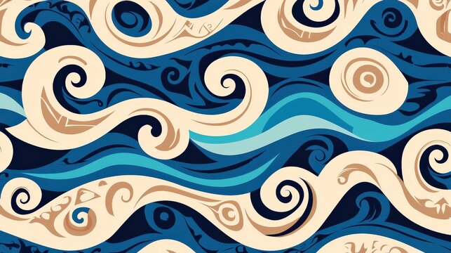 A vibrant, swirling pattern of blue waves interspersed with cream-colored swirls, creating a dynamic oceanic design.