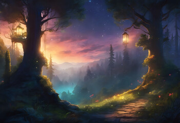 A whimsical, enchanting forest scene featuring a cozy, illuminated cottage surrounded by lush greenery. The atmosphere is magical with soft lighting and a serene path leading to the house.