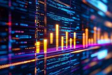 Obraz premium Modern stock market background with glowing data visualizations, showcasing vibrant colors and dynamic patterns. This captures essence of financial technology and market trends