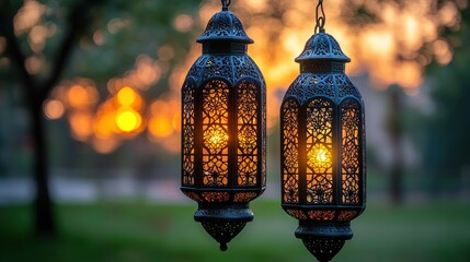 Obraz premium Two lit lanterns hang in garden at sunset, with bokeh background.