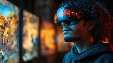 Immersive virtual reality experience of a young Hispanic man with VR headset in vivid colors