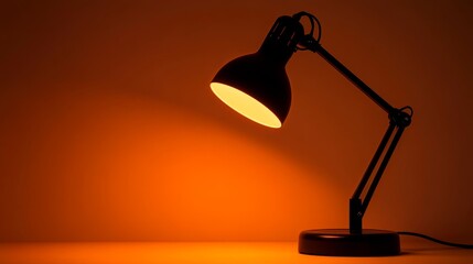 A black desk lamp casting warm orange light against a plain backdrop.