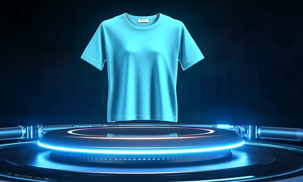Pink T-Shirt on Futuristic, Neon-Lit Display Platform