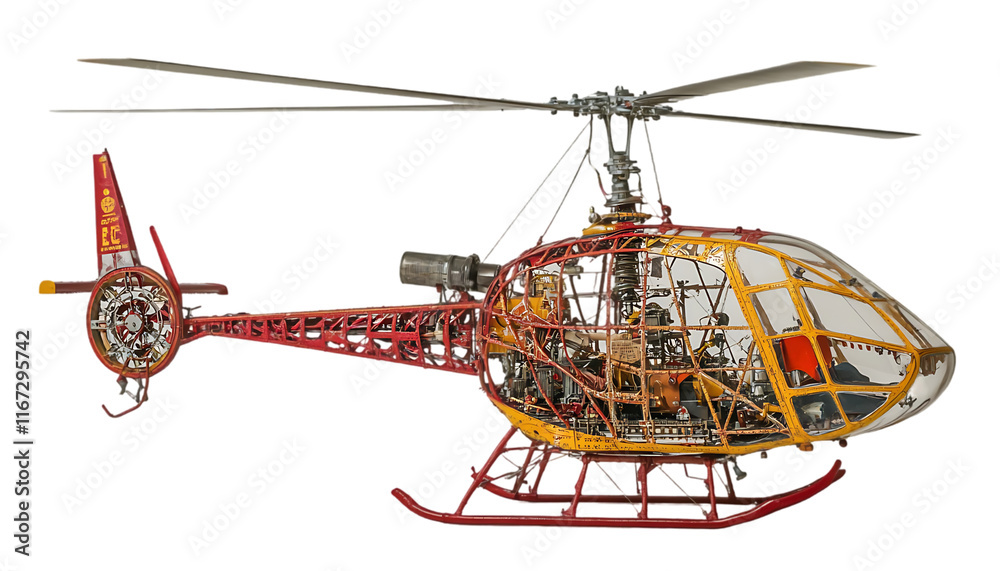 Poster a detailed model of a helicopter showcasing its internal structure.