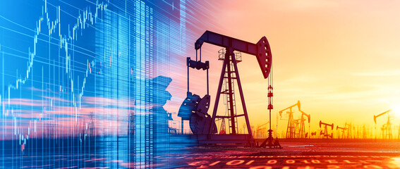 Oil pump jack silhouette against vibrant sunset with stock chart overlay, symbolizing energy market trends and financial growth