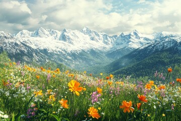 Fototapeta premium Colorful wildflowers in full bloom on the grassy slopes of Rocky Mountains, with snow-capped peaks and forested hills under cloudy sky. enchants this picturesque scene with its vibrant colors 
