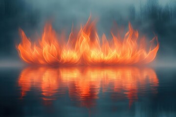 dynamic flames rising above calm water creating a striking contrast of warmth and coolness that evokes a sense of drama and movement in a surreal environment