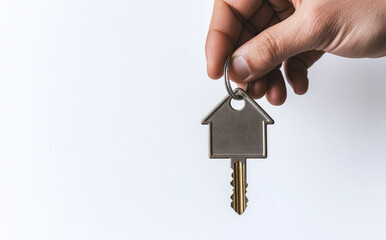 hand holding house shaped key with golden key attached, symbolizing home ownership and real estate transactions. This conveys sense of achievement and new beginnings