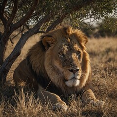 Photograph a lion resting under a tree.