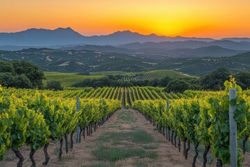 Fototapeta premium Scenic Vineyard at Sunset with Rolling Hills