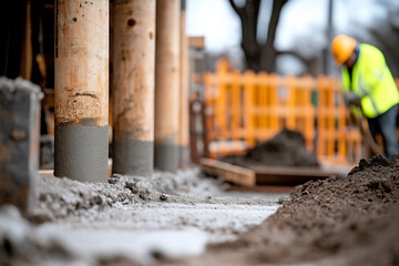 Naklejka premium Fresh concrete is being poured around wooden pillars at construction site, showcasing process of building and development. worker in safety vest and helmet is focused on task