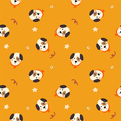 Naklejka premium Face dog cartoon so cute. On heart star yellow background. Pattern seamless vector illustration. 
