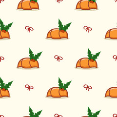 Croissant and mistletoe cartoon so cute. On knot background. Pattern seamless vector illustration. 
