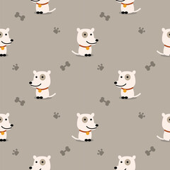 Obraz premium Dog cartoon so cute. On bones footprints gray background. Pattern seamless vector illustration. 