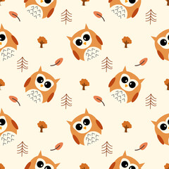 Owl cartoon so cute. On tree leaf background. Pattern seamless vector illustration. 