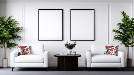 Cozy seating area with plants and empty frames for decoration.