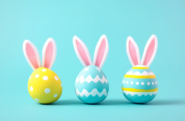 Fototapeta premium Easter banner with colorful eggs, bunny ears, and a pastel blue background