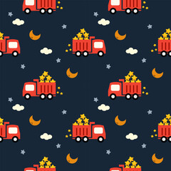 Dump truck star cartoon so cute. On star moon cloud blue background. Pattern seamless vector illustration. 
