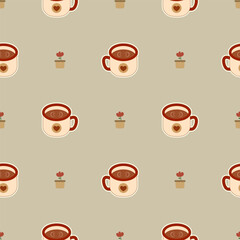 Coffee cup cartoon so cute. On flower background. Pattern seamless vector illustration. 