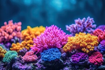 Colorful coral reef with many different colored sea creatures