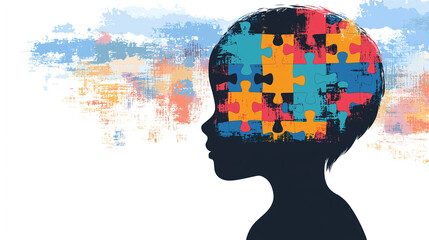 silhouette of child head filled with colorful puzzle pieces, symbolizing creativity and imagination. vibrant background enhances emotional expression of image
