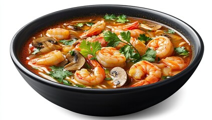 A bowl of Tom Yum Shrimp Noodle Royale, with a rich red and yellow soup filled to the brim