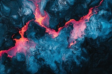 high angle top view of an icelandic lava river with blue and pink colors, abstract photography, aerial photography, national geographic photo, raw style
