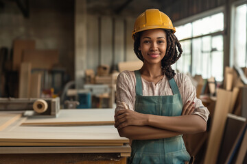 smiling black female carpenter tradie wearing apron in workshop with wood and tools
