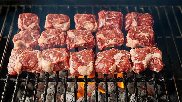 Delicious pieces of meat sizzle on the grill, releasing appetizing smoke in the air. Friends gather around, enjoying a perfect outdoor barbecue experience filled with flavor and warmth.