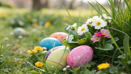 Easter holiday scene capturing colorful hidden eggs nestled in green grass and blooming wildflowers